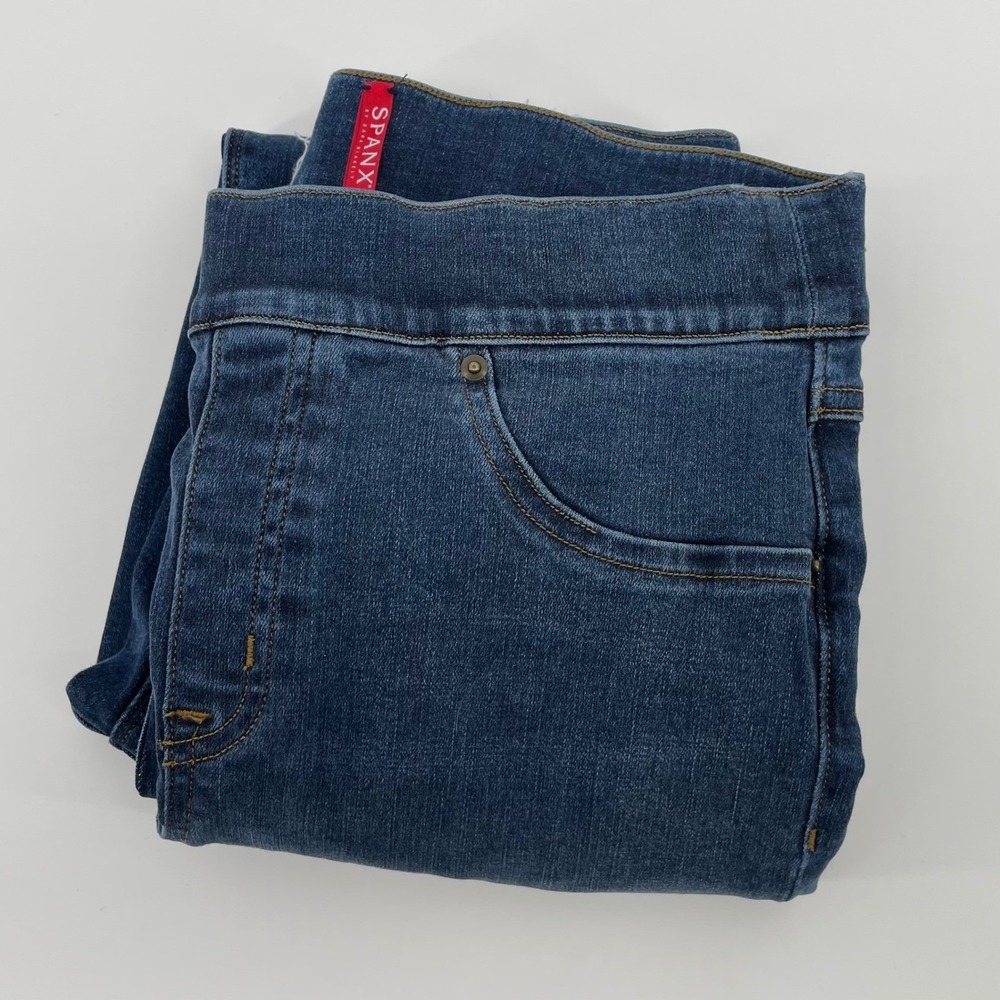 Spanx Ankle Skinny Jean-ish Leggings Medium Wash Distressed Frayed Hem Size M